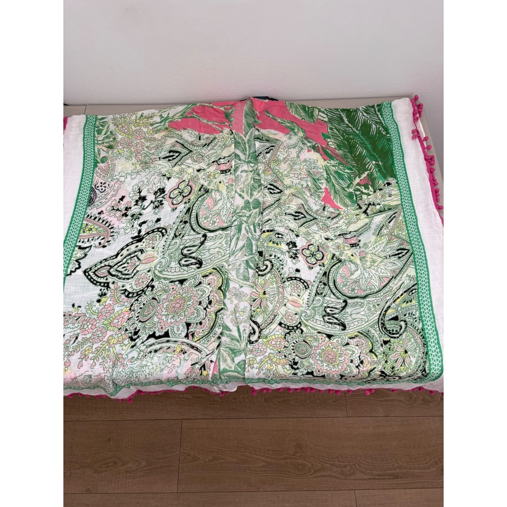 Shiraleah Chicago Paisley Palm Print Pink Green Pom Pom Trim Viscose Swim Cover